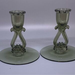 Vintage Viking Candlestick Holder Set of 2 Green Glass